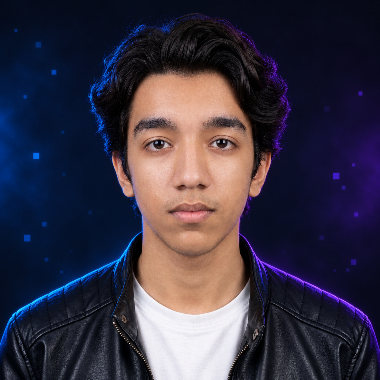 Hashir, full-stack developer, in blue and violet lighting